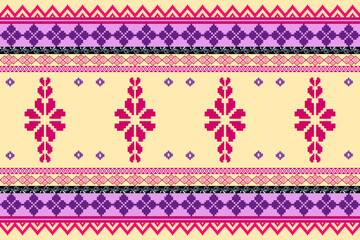 Pixel pattern ethnic oriental traditional. Design fabric pattern textile African, Aztec African America Indian seamless. Floral pixel art pattern on navy background  vector illustration