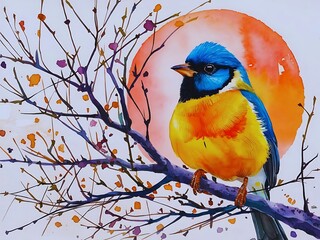 Obraz premium Watercolor bird painting in bright, beautiful colours among flowers and sun a painting for the interior art drawing