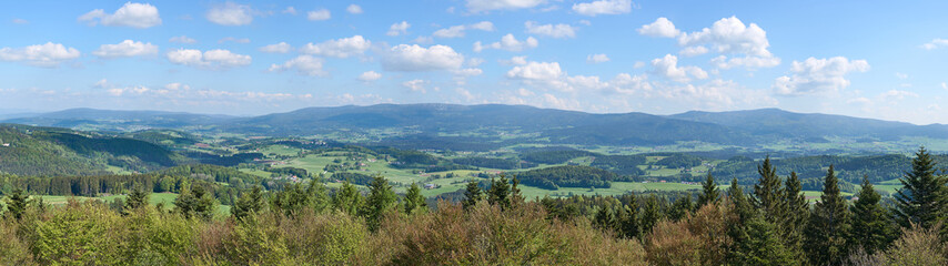 Fototapeta premium landscape with panoramic view over the Bavarian Forest mountains near Waldkirchen, with Dreisessel mountain in Background, Bavaria, Germany