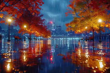 Naklejka premium Night view of city street lights along park during rainy and autumn season professional photography