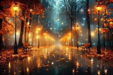 Night view of city street lights along park during rainy and autumn season professional photography