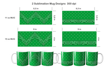 2 green paisley bandana patterns. Sublimation templates for 11 oz and 15 oz coffee mug. Sublimation illustration.