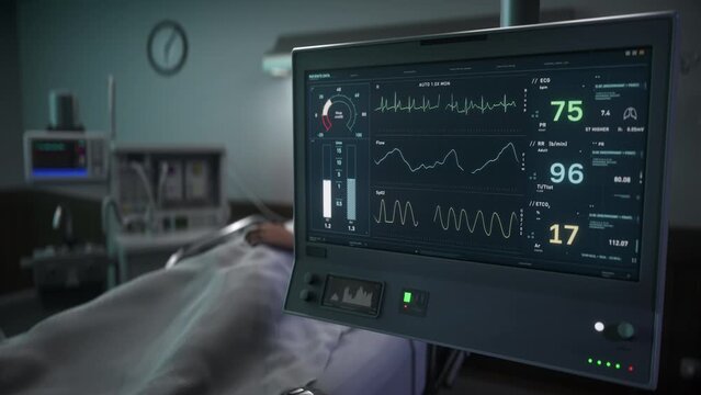 Hospital Respiratory Support Machine Keeps Ill Patient Alive In Ward. Hospital Monitoring Machine. Artificial Respiratory Ventilation Maintains Life Signs. Hospital Machine Assists Respiratory System