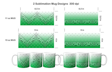 2 green ombre paisley bandana patterns. Sublimation templates for 11 oz and 15 oz coffee mug. Sublimation illustration.