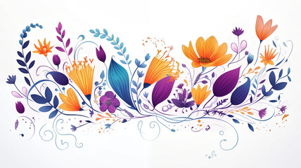 A vibrant illustration featuring a mix of colorful flowers and abstract leaves, combining orange, purple, and blue hues on a white background.