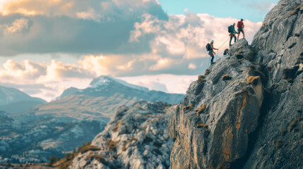 Three people are climbing a mountain, with one of them holding a rope