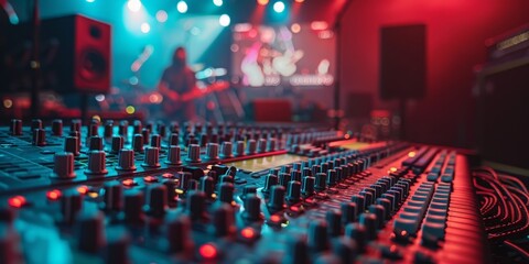 Professional audio mixing console in modern recording studio with vibrant lighting