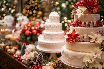 Fototapeta premium Festive Holiday Dessert Table Display Featuring Decorated Wedding Cakes and Seasonal Pastries