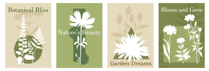 Set of botanical Flower Market posters. Trendy botanical wall arts with floral design in pastel colors. Modern naive groovy funky interior decorations, paintings. Silhouette botanical. Poster. Vector 