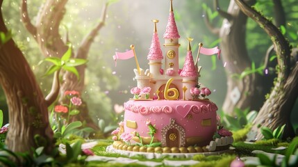 Magical Fairy Tale Birthday Banner with Pink Castle Cake in Enchanted Forest - Design for Print, Card, Poster