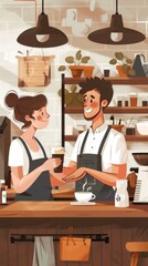 Cartoon illustration of a man and woman standing at a counter