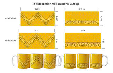 2 yellow paisley bandana patterns. Sublimation templates for 11 oz and 15 oz coffee mug. Sublimation illustration.