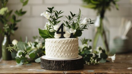 Minimalist Scandinavian Style 4th Birthday Cake with Geometric Pattern and Greenery, Ideal for Modern Celebrations