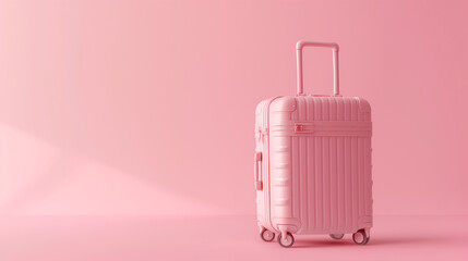 A pink traveling bag, baggage, or suitcase on a minimal background with copy space. Vacation, female or girl travel in summer, holiday trip concept.	