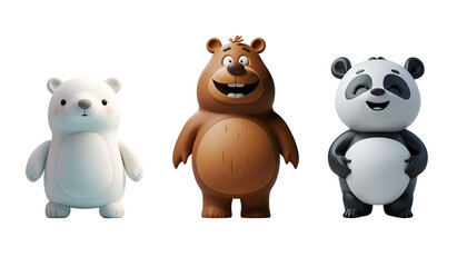 Cute Bear Set in 3D Render Illustration: Chibi Character Cartoon of Panda, Polar Bear, and Grizzly Bear Animal, Isolated on Transparent Background, PNG