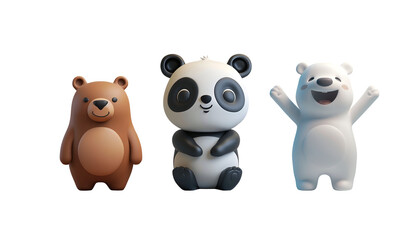 Fototapeta premium Animal Set in 3D Render Illustration: Cute Chibi Character Cartoon of Panda, Polar Bear, and Grizzly Bear, Isolated on Transparent Background, PNG
