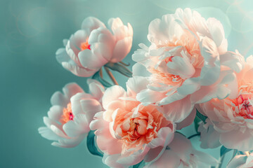 Elegant Peonies in Soft Pastel Tones Against a Turquoise Background