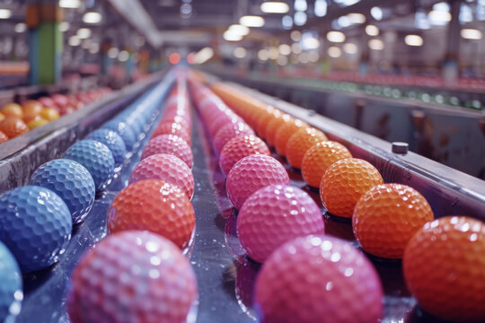 Factory Production Line of Colorful Golf Balls in an Industrial Setting