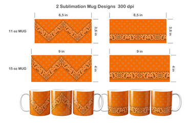 2 orange paisley bandana patterns. Sublimation templates for 11 oz and 15 oz coffee mug. Sublimation illustration.