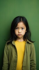 Olive background sad Asian child Portrait of young beautiful in a bad mood child Isolated on Background, depression anxiety fear burn out health issue 