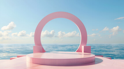 Empty podium on tropical beach abstract background,staircase to the beach in the sky. 3d render,Podium abstract background. Geometric shape. Pink colors scene. Minimal 3d rendering


