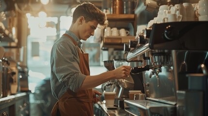 Café, coffee machine, and barista making espresso or latte in restaurant. Morning, cafeteria, and Mexican man making a hot coffee or tea.