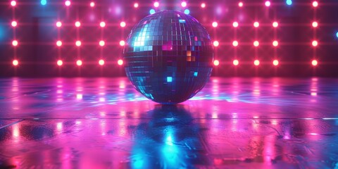 colorful disco ball with colorful neon lights with empty dance floor background