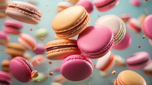 Colorful macarons flying on the air with among the crumbs isolated on blue background