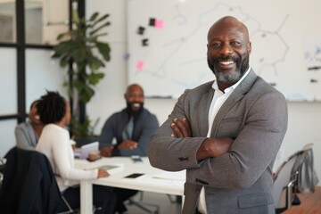 Drive, success, and black leadership in corporate meetings and mission-focused teams. Diversity of business employees coordinating and sharing project ideas or strategies