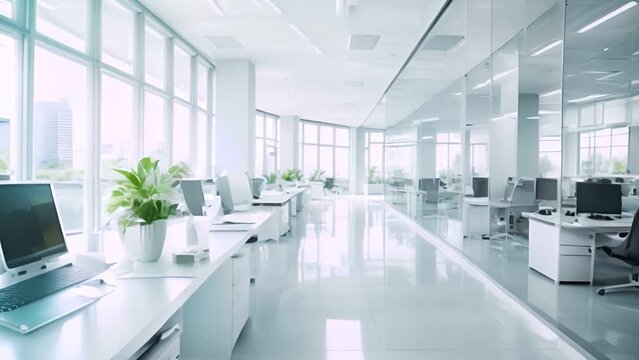 Abstract blurred empty space office interior room , Modern office with computer on desk