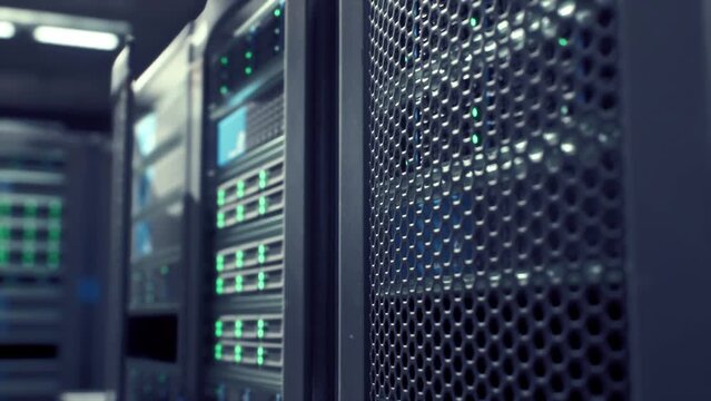 A line of servers neatly arranged in a data center, with blinking lights and cables connecting them.