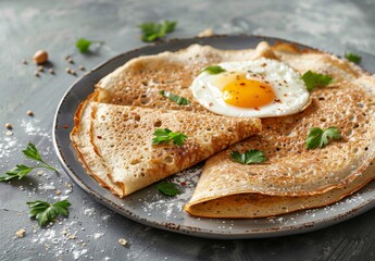 Homemade buckwheat crepes, known as galettes bretonnes, topped with cheese and a fried egg, set against a gray background, showcasing traditional French cuisine.