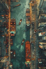 Aerial Vertical Design of Bustling City Port with Cargo Ships and Cranes for Dynamic Mobile Background