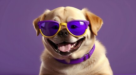 A cheerful dog with large sunglasses, purple background, 3d rendering funny illustrated animal