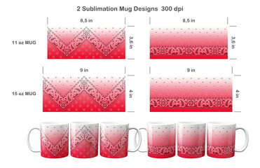 2 red ombre paisley bandana patterns. Sublimation templates for 11 oz and 15 oz coffee mug. Sublimation illustration.