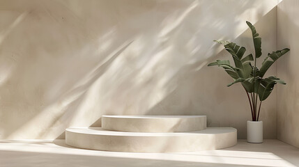 Minimal scene with podium for product presentation and palm leaves shadow on the wall,Abstract minimal scene with white stone podium and leaf shadows. Minimal premium white marble podium 
