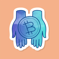 Hand holding bitcoin cryptocurrency icon coin holder color sticker