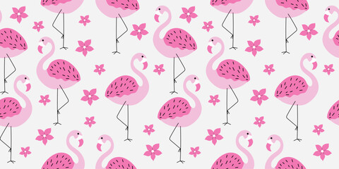 Handdrawn tropical pattern with flamingo and flowers. Vector seamless design.