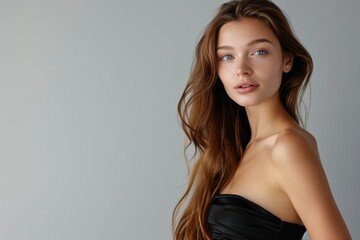 Fototapeta premium Studio portrait of model, hair care, or woman for natural beauty, wellbeing, or shine on white background. A glowing young Indian girl or salon spa self-care cosmetics for grooming