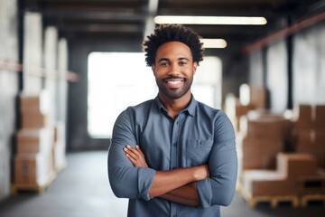 Obraz premium Portrait of a satisfied afro-american man in his 30s with arms crossed isolated in empty modern loft background