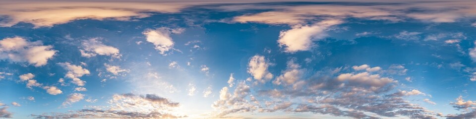 Sunset sky with bright glowing pink Cirrus clouds. Seamless spherical HDR 360 panorama. Full zenith...