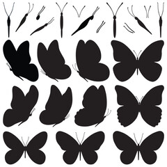 Set of black butterflies isolated on white background, collection of silhouettes. Butterfly black color, flying shape, vector design. Abstract modern monarch butterfly contours for decoration design