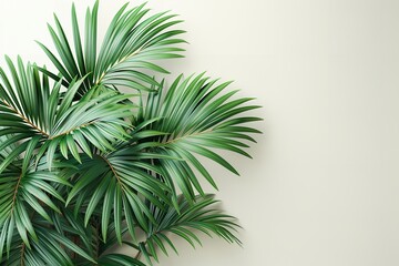 Tropical palm fronds arranged as a banner poster on a white wall's corner with a large copy space serving as the background for text, Generative AI.