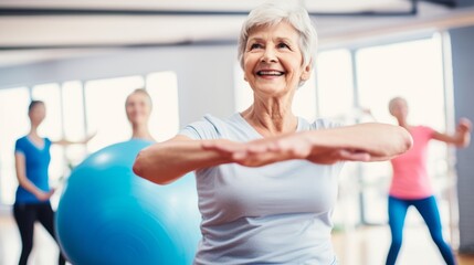 Obraz premium old senior woman doing sports in a gymnastics studio