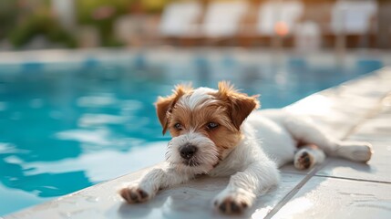 A small dog is laying on a pool deck