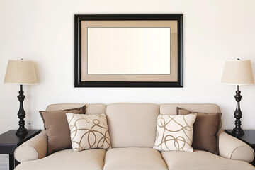 A white frame with a blank canvas against a light wall and on a wooden tabletop with vase. Layout concept for photography, poster or painting. Copy space.