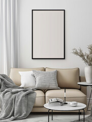 A white frame with a blank canvas against a light wall and on a wooden tabletop with vase. Layout concept for photography, poster or painting. Copy space.