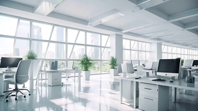 Abstract blurred empty space office interior room , Modern office with computer on desk