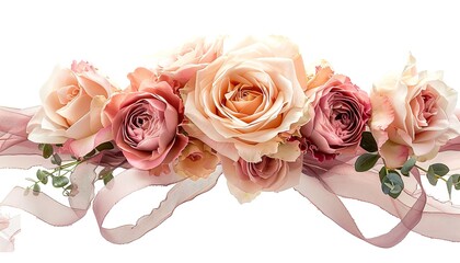 Delicate pink and cream rose arrangement adorned with silk ribbon and wrapping paper set against a white background with text space for advertising, Generative AI.