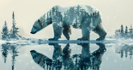A wildlife high quality photo professional photographer of double exposure  bear  standing  during winter snowing  background, wallpaper